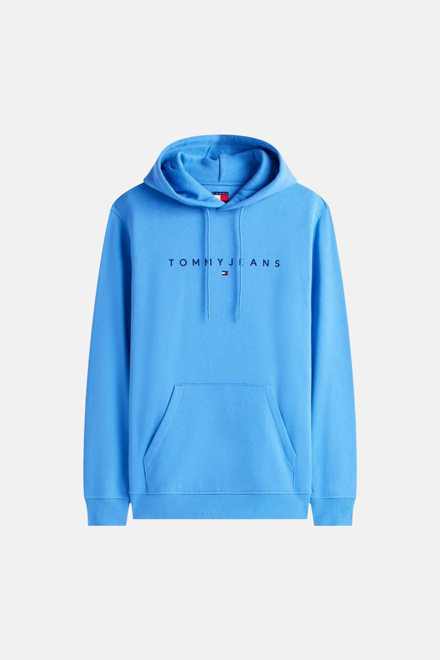 Sweat à capuche bleu de TOMMY JEANS avec logo texte, drapeau, poche kangourou et cordons de serrage.