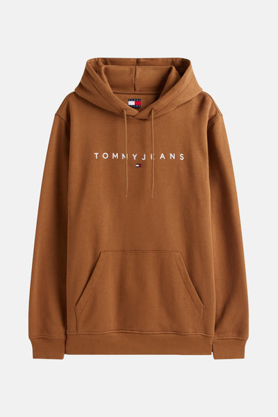 Sweat à capuche marron de TOMMY JEANS, avec cordon de serrage et logo centré sur le devant.