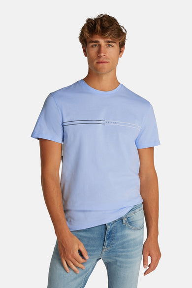 Blauw T-shirt met korte mouwen van TOMMY JEANS, met decoratieve strepen, gedragen met een casual spijkerbroek.
