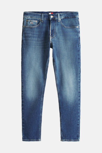 Tapered jeans in lichtblauw denim van TOMMY JEANS, met vijf zakken, ritssluiting en lichte wassing.