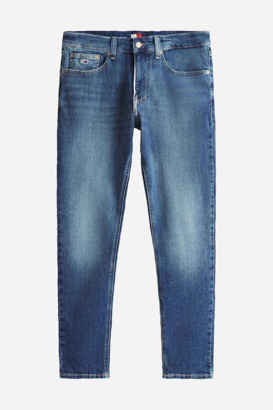 Tapered jeans in lichtblauw denim van TOMMY JEANS, met vijf zakken, ritssluiting en lichte wassing.