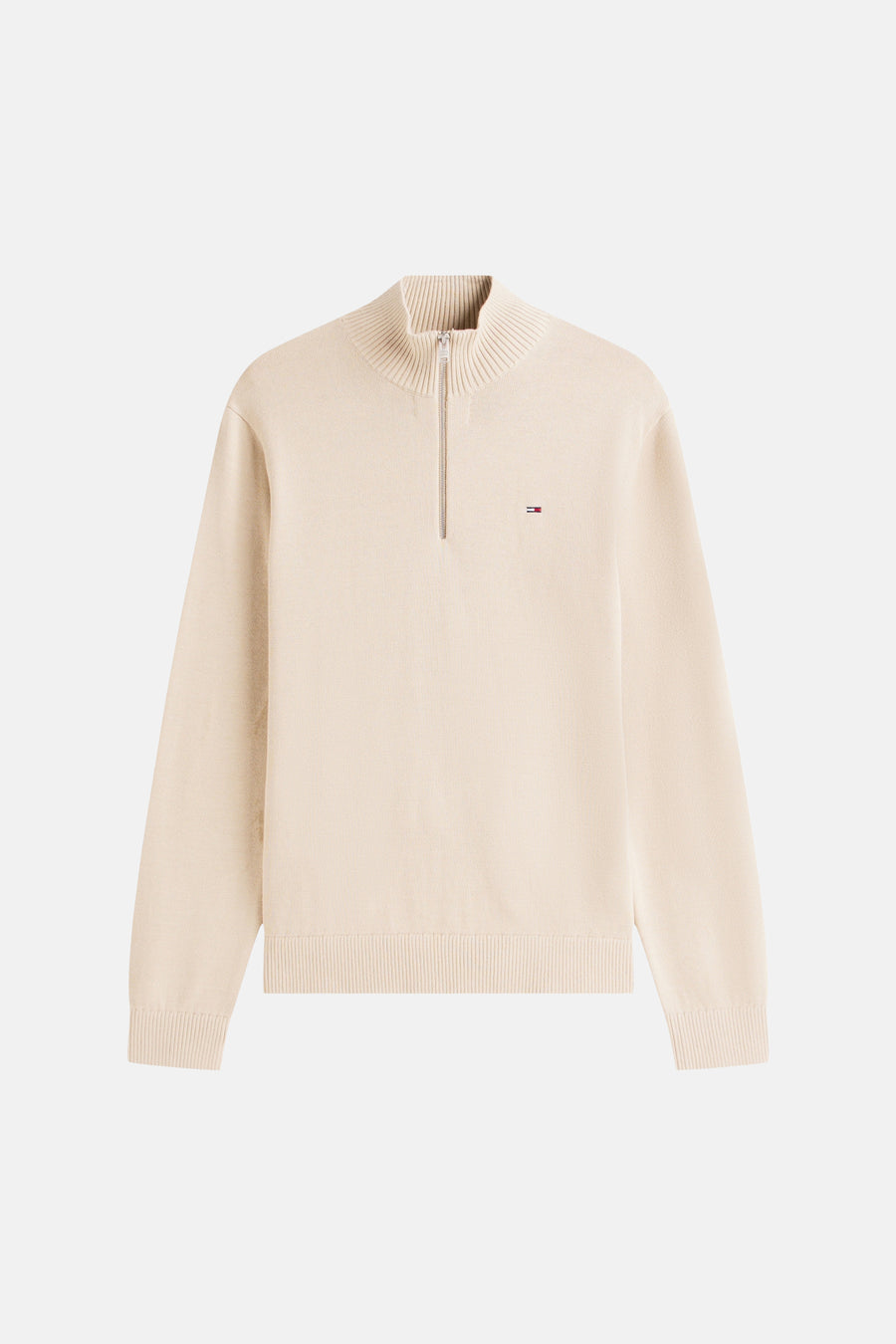 Beige opstaande kraag sweatshirt van Tommy Jeans, met ritssluiting en discreet logo op de borst.