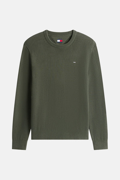 Pull à col rond vert par TOMMY JEANS, en maille texturée avec logo discret sur la poitrine.