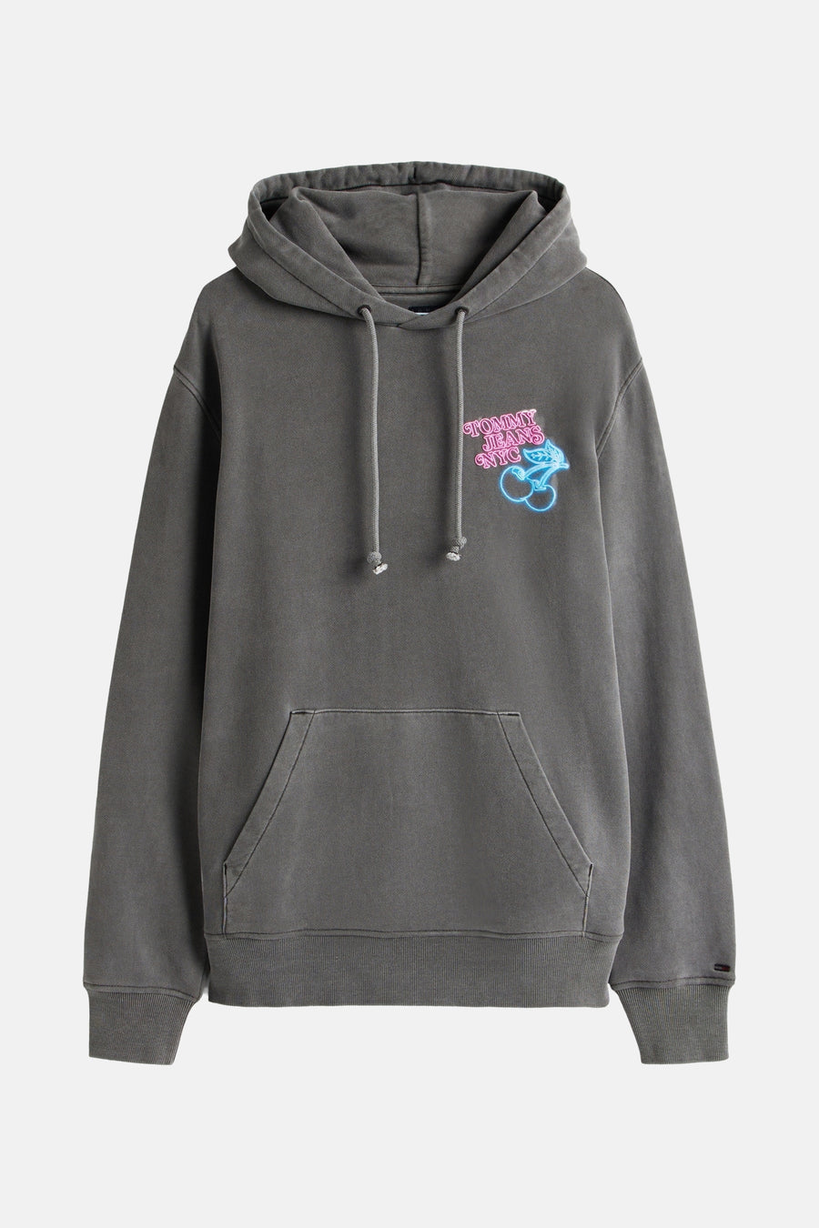 Sweat à capuche gris de TOMMY JEANS avec un logo brodé néon cerise.