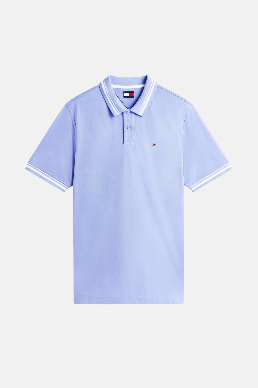 Polo mauve à manches courtes de TOMMY JEANS, avec rayures blanches au col et aux manches.