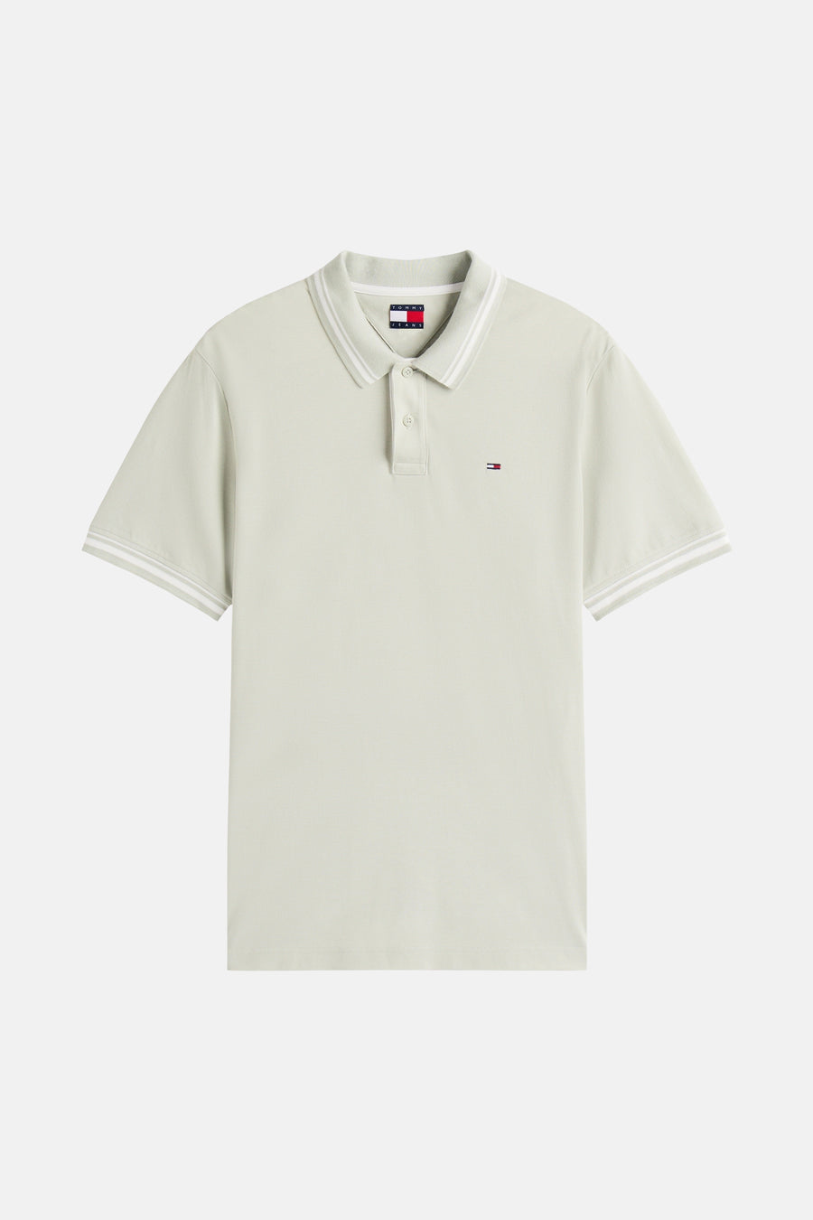 Polo à manches courtes vert de TOMMY JEANS avec rayures blanches au col et aux manches.