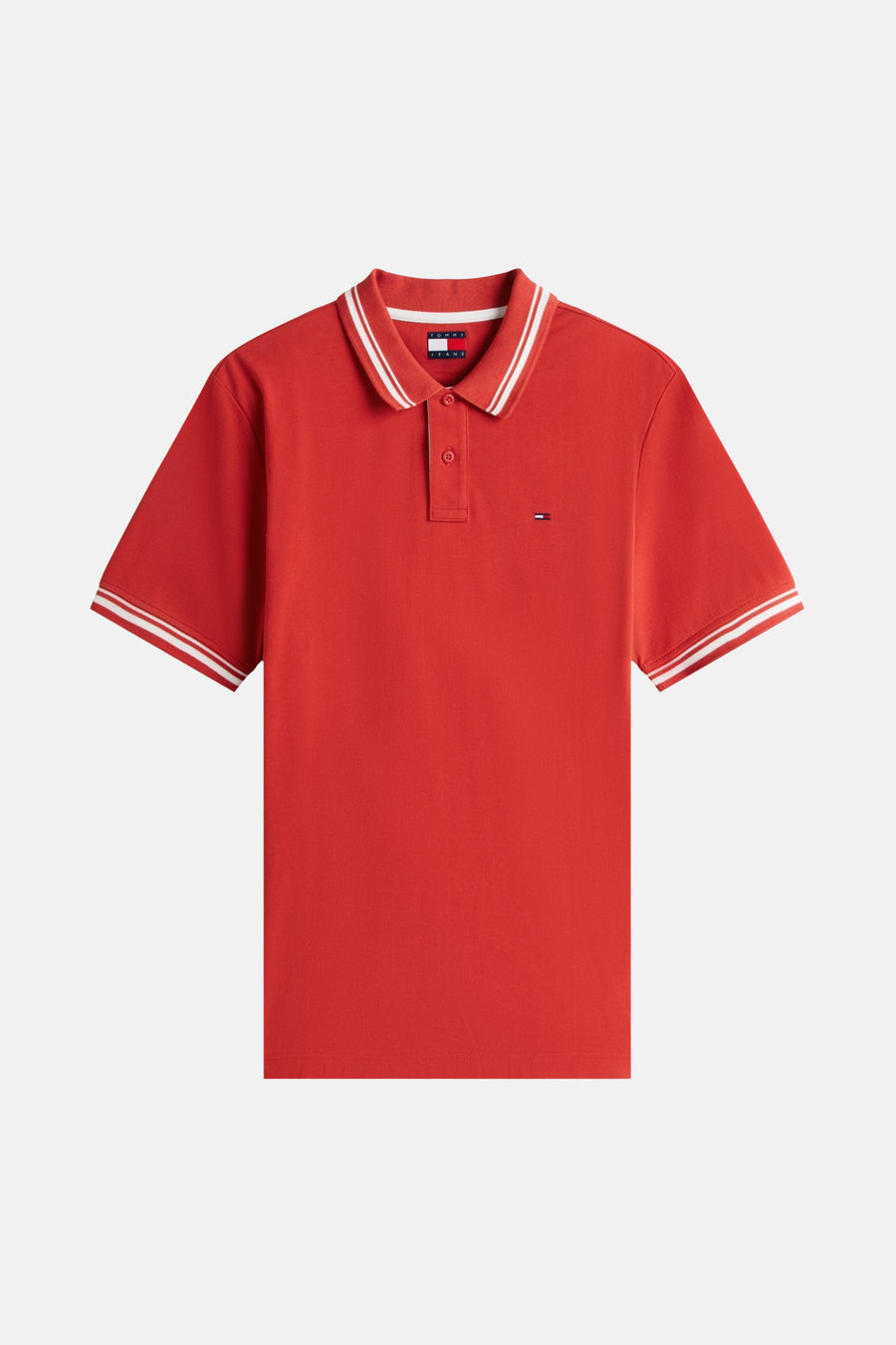 Rood poloshirt met korte mouwen van TOMMY JEANS, met gestreepte kraag en mouwboorden.