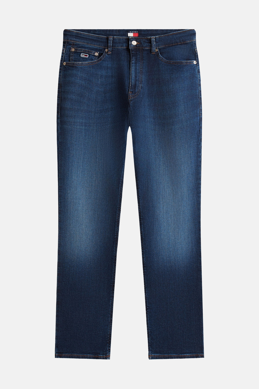 Jeans droit en jean denim bleu foncé de TOMMY JEANS avec un délavage subtil, des surpiqûres contrastantes et un petit logo drapeau.