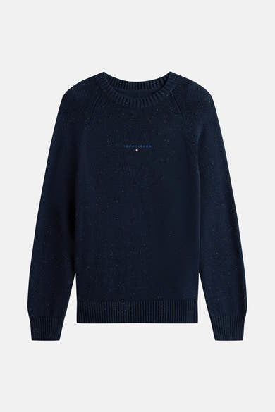 Blauwe trui met ronde hals van TOMMY JEANS met all-over gespikkeld patroon.