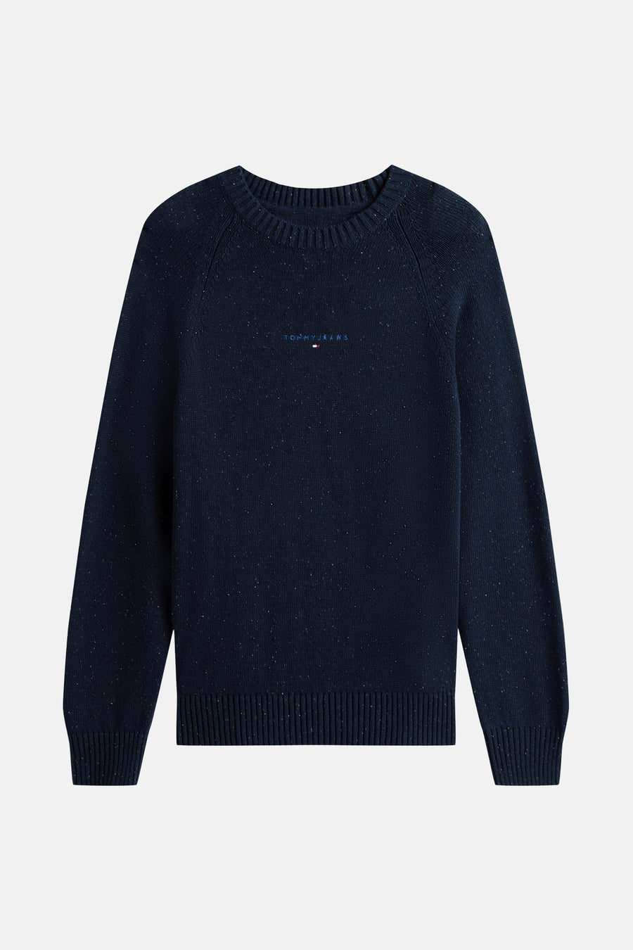 Blauwe trui met ronde hals van TOMMY JEANS met all-over gespikkeld patroon.