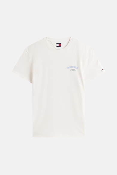 Ecru T-shirt met korte mouwen van Tommy Jeans met geborduurd blauw logo op de voorkant.