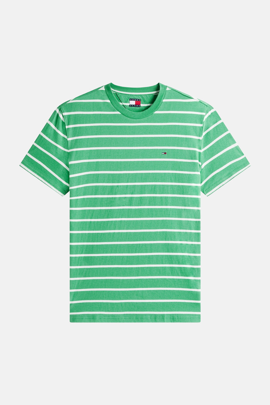 T-shirt à manches courtes vert de TOMMY JEANS, rayures blanches horizontales, logo discret sur le devant.