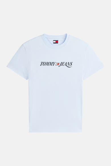 Blauw T-shirt met korte mouwen van TOMMY JEANS, met gestileerd logo met letters aan de voorkant.