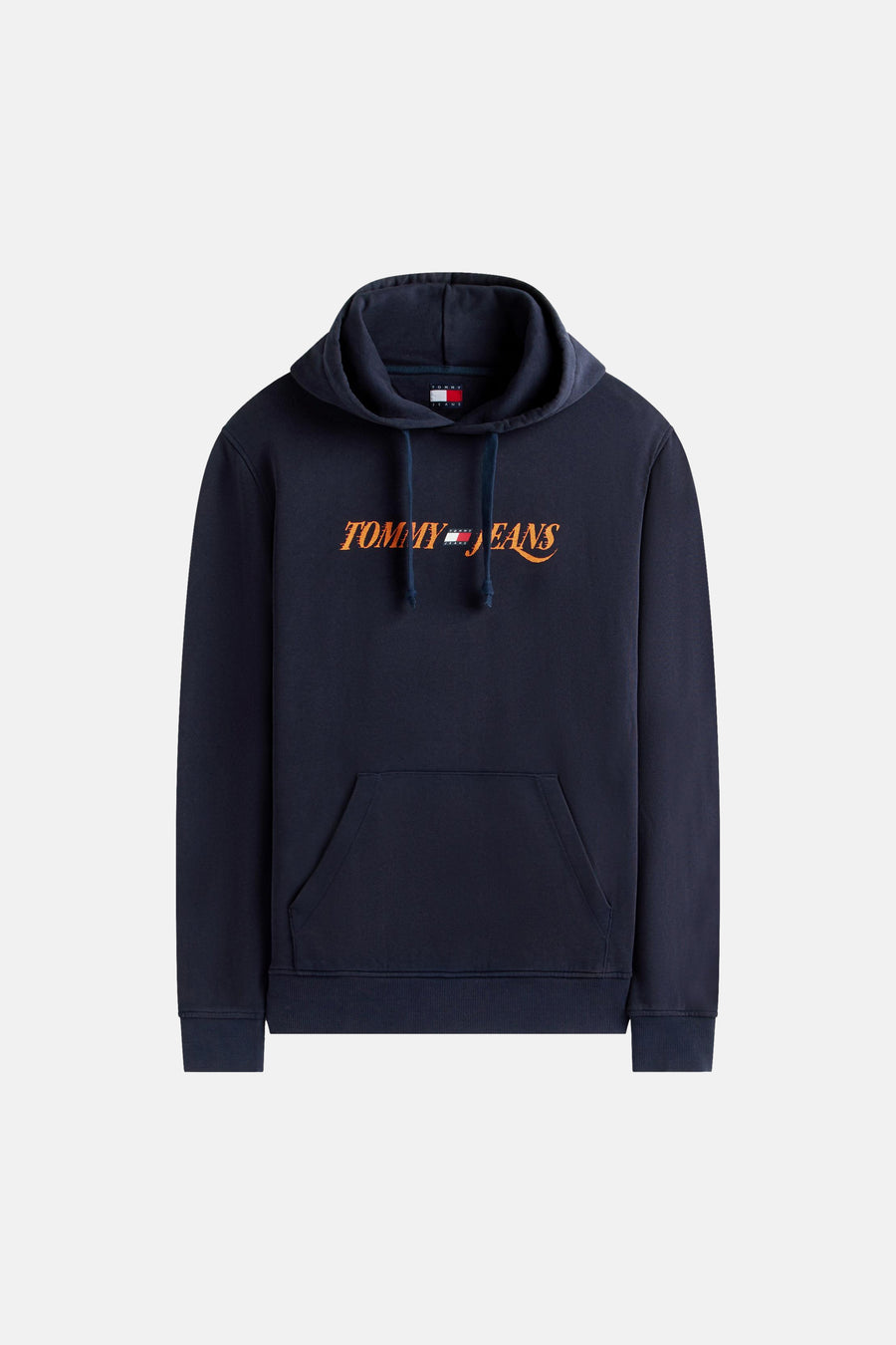 Blauwe hoodie van TOMMY JEANS, met een oranje logo op de voorkant en een kangoeroezak.