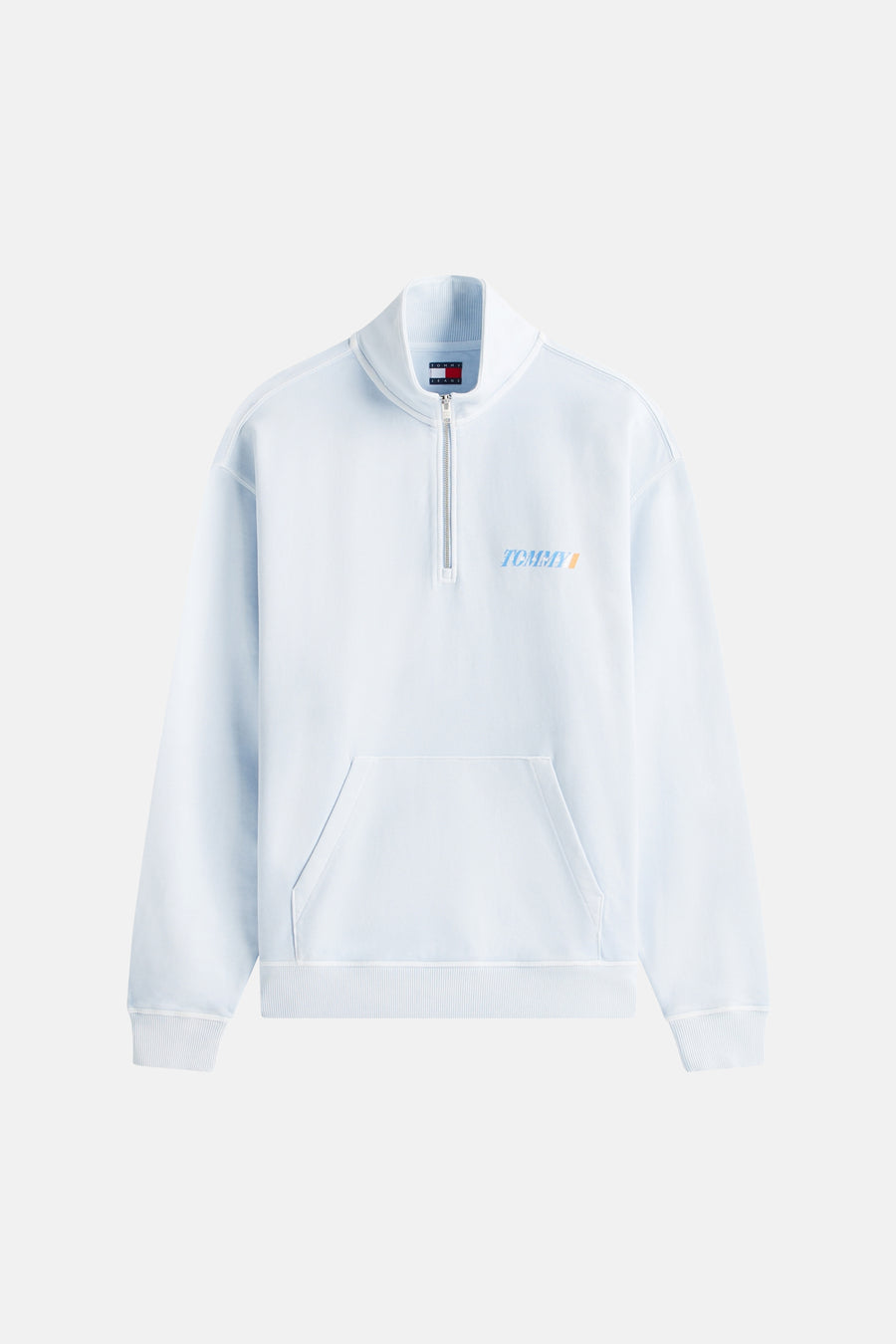 Blauwe sweat-shirt met opstaande kraag van TOMMY JEANS met kangoeroezak, korte ritssluiting en geborduurd logo.