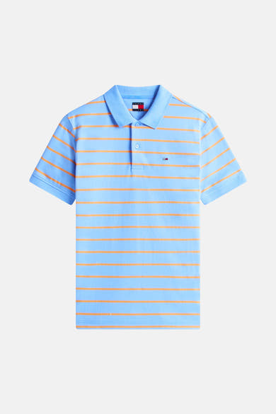 Blauwe gestreepte polo van Tommy Jeans, met een klassieke kraag en discrete borduursels.
