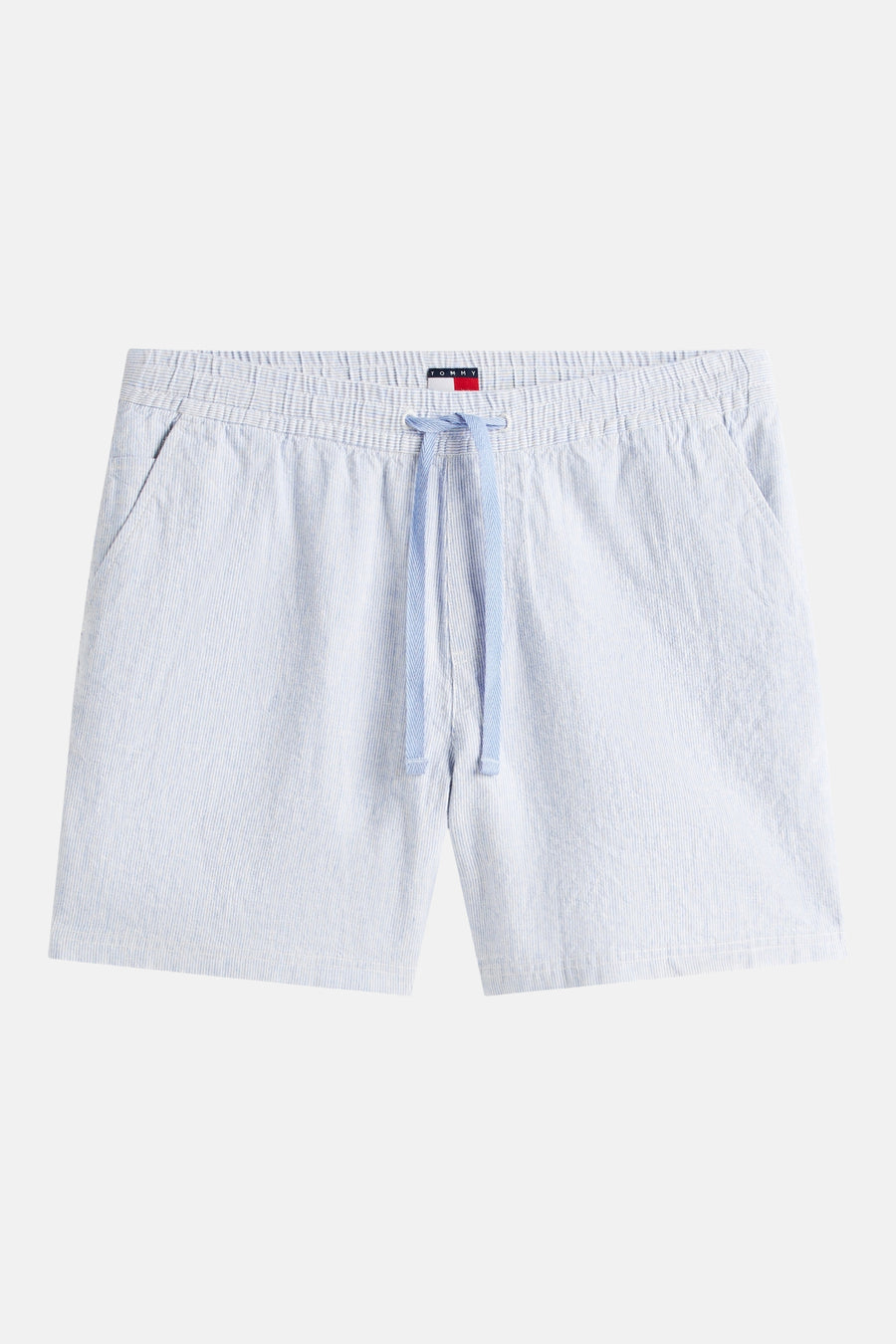 Korte blauwe short met fijne strepen van TOMMY JEANS, met lichtblauwe trekkoord.