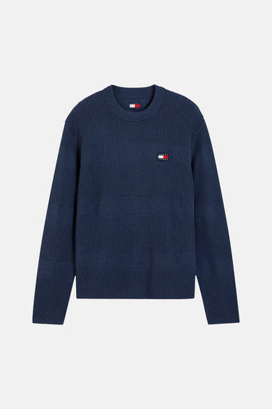 Navy blue ribbed crewneck sweater by Tommy Hilfiger with small flag logo on chest, front view