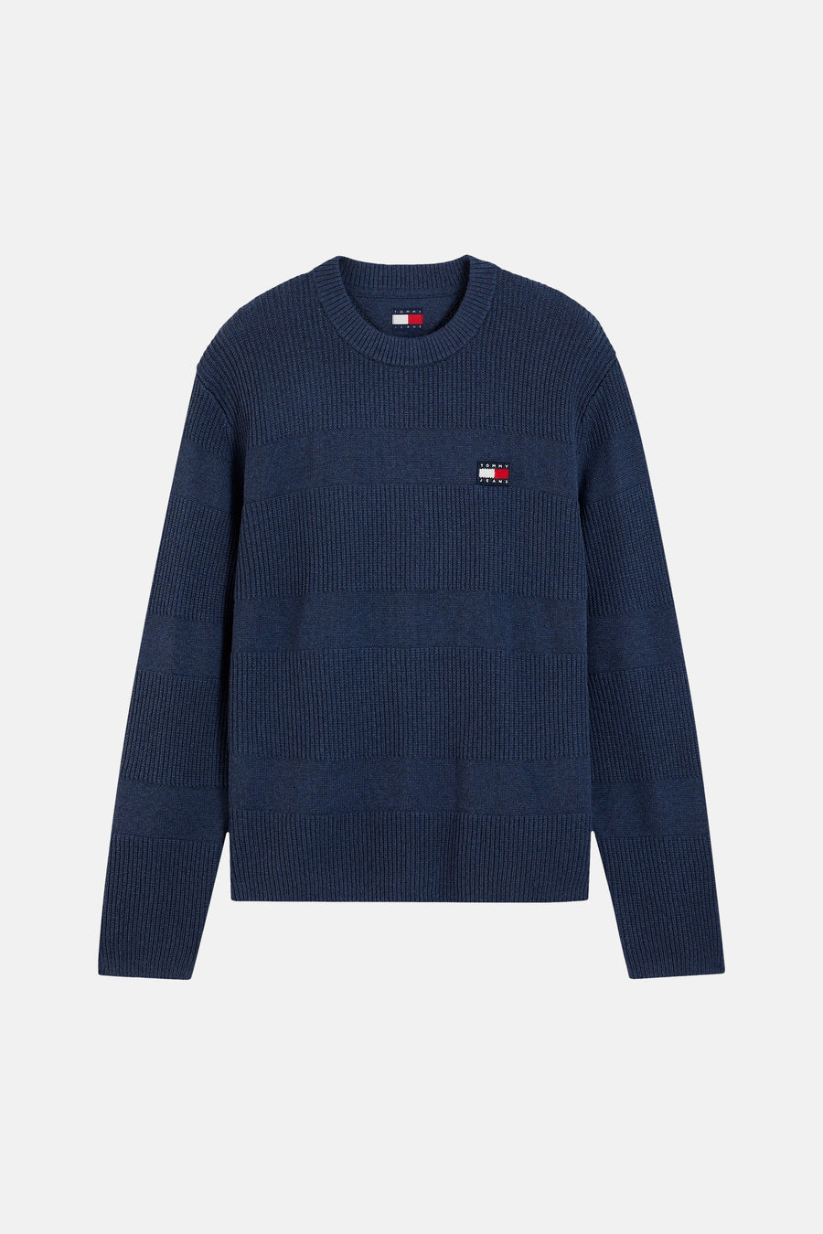 Navy blue ribbed crewneck sweater by Tommy Hilfiger with small flag logo on chest, front view