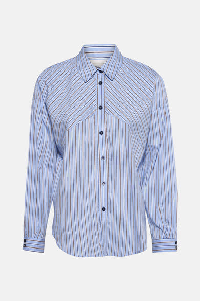 Chemise à manches longues bleue rayée par AMELIE ET AMELIE, avec des rayures marron et boutonnée.