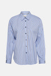 Chemise à manches longues bleue rayée par AMELIE ET AMELIE, avec des rayures marron et boutonnée.