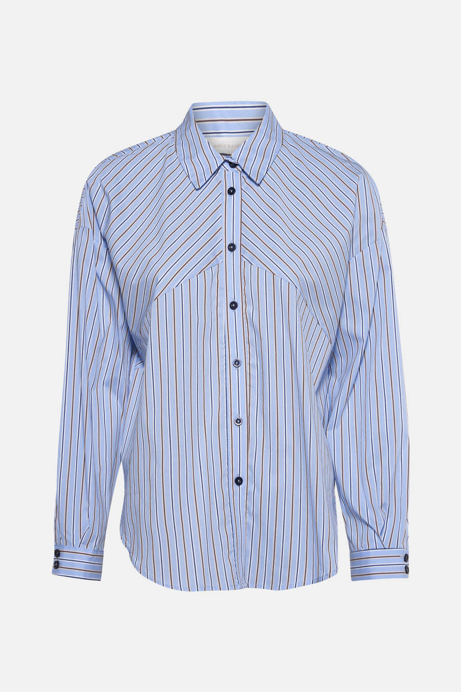 Chemise à manches longues bleue rayée par AMELIE ET AMELIE, avec des rayures marron et boutonnée.