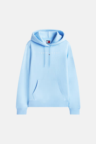 Blauwe hoodie van TOMMY JEANS, met trekkoord en kangoeroezak.