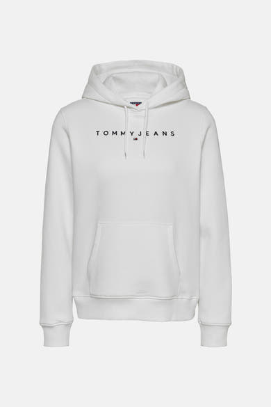 Witte Tommy Jeans hoodie met geborduurd merklogo en kangoeroezak.