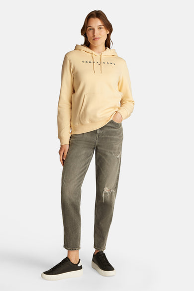 Sweat à capuche jaune de TOMMY JEANS avec logo brodé sur le devant et poche kangourou.