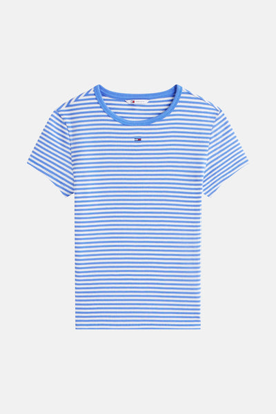 Blauw T-shirt met horizontale strepen van TOMMY JEANS, met een effen blauwe ronde hals en logo op de borst.