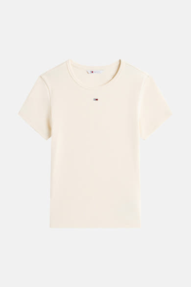 Gele T-shirt met korte mouwen van Tommy Jeans, in fijne ribgebreide stof.
