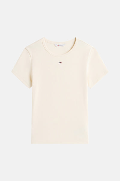 Gele T-shirt met korte mouwen van Tommy Jeans, in fijne ribgebreide stof.