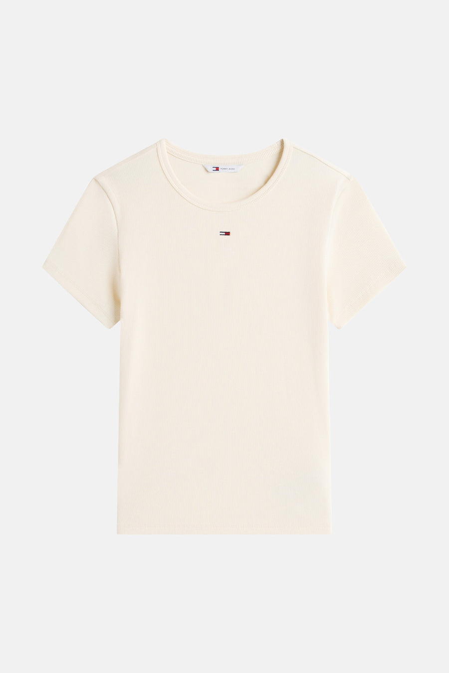 Gele T-shirt met korte mouwen van Tommy Jeans, in fijne ribgebreide stof.