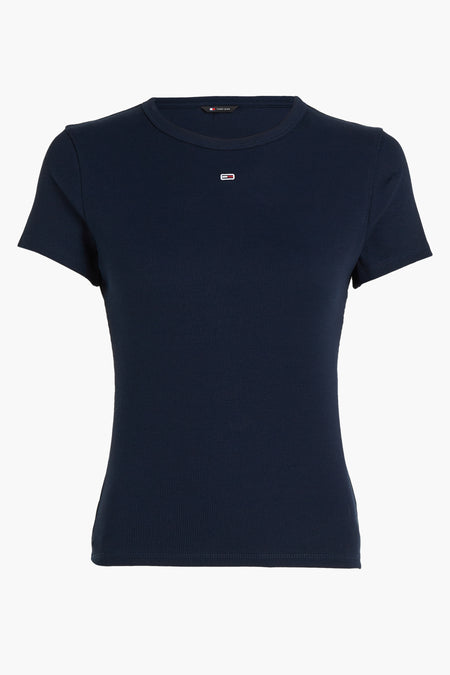 T-shirt bleu côtelé de TOMMY JEANS avec un logo drapeau brodé.