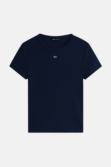 Top côtelé uni bleu à manches courtes de TOMMY JEANS avec un petit logo sur la poitrine.