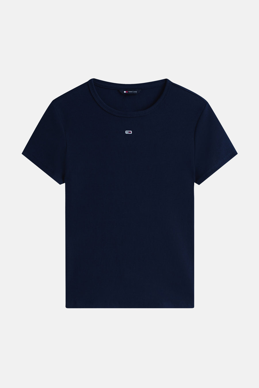Top côtelé uni bleu à manches courtes de TOMMY JEANS avec un petit logo sur la poitrine.