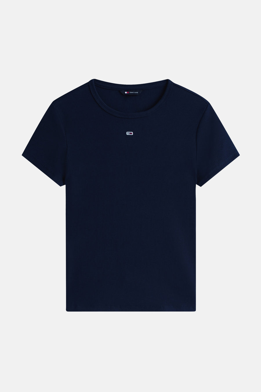 Top côtelé bleu marine à manches courtes de TOMMY JEANS avec un petit logo sur la poitrine.