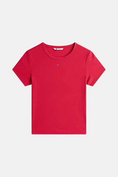 Roze T-shirt met korte mouwen van TOMMY JEANS, in geribbelde stof met logo op de borst.