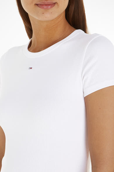 Top blanc uni à manches courtes de Tommy Jeans, en maille côtelée fine.