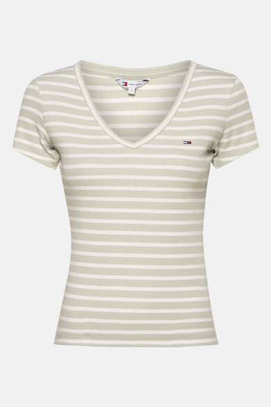 Tommy Jeans groen T-shirt met korte mouwen, horizontale strepen en logo op de borst.