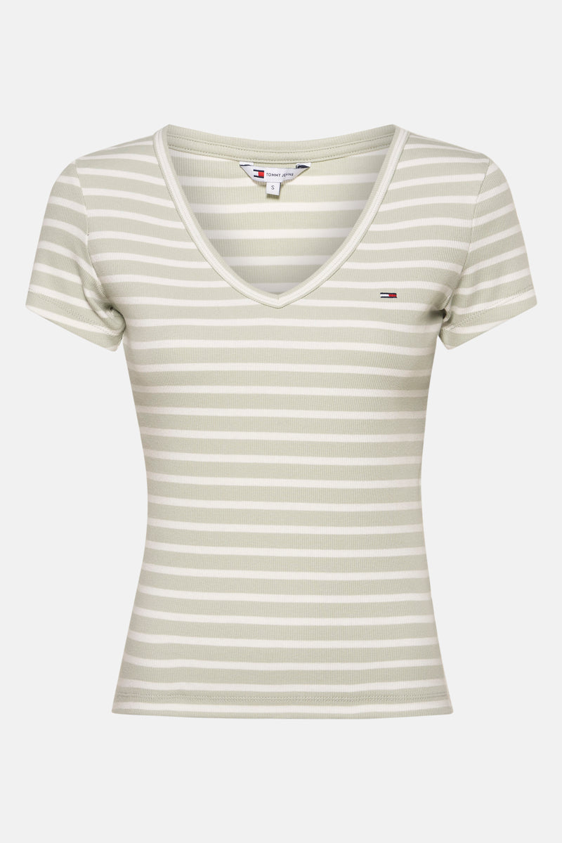 Tommy Jeans groen T-shirt met korte mouwen, horizontale strepen en logo op de borst.