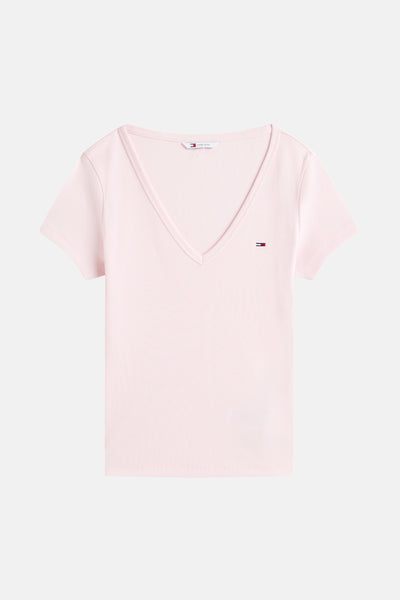T-shirt rose à col en V de TOMMY JEANS en maille côtelée avec logo sur la poitrine.
