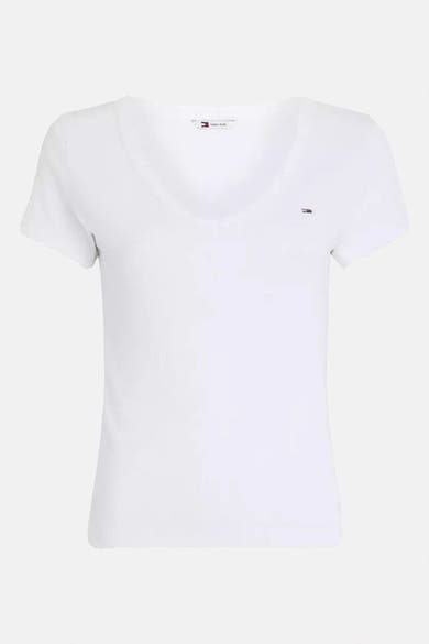 Top uni manches courtes blanc de Tommy Jeans, avec logo drapeau sur la poitrine.