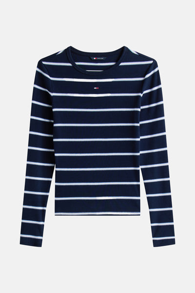 Blauwe TOMMY JEANS T-shirt met lange mouwen met horizontale witte strepen en logo op de borst.