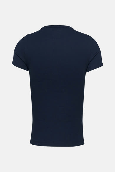 T-shirt à manches courtes bleu de Tommy Jeans, en maille côtelée, vu de dos.