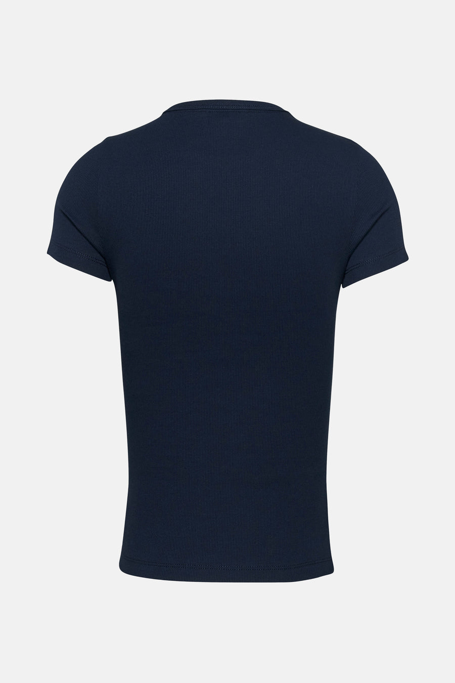 T-shirt à manches courtes bleu de Tommy Jeans, en maille côtelée, vu de dos.