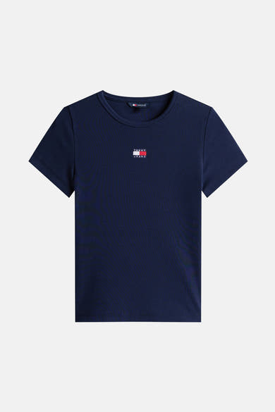 T-shirt bleu à manches courtes de Tommy Jeans, en maille côtelée avec logo sur la poitrine.