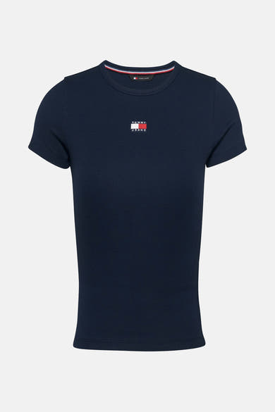 T-shirt bleu marine à manches courtes de Tommy Jeans, en maille côtelée avec logo sur la poitrine.