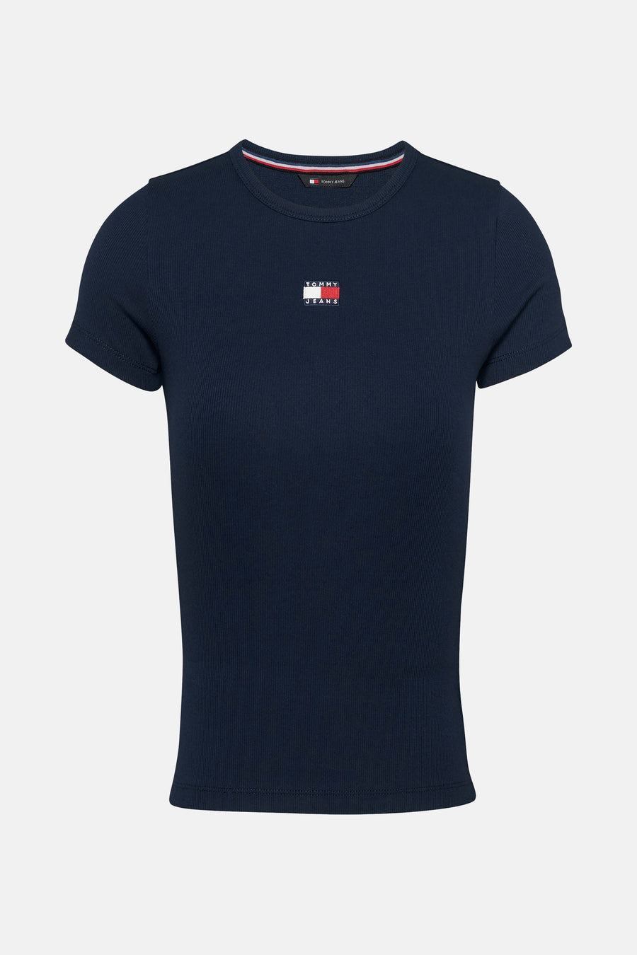 T-shirt bleu marine à manches courtes de Tommy Jeans, en maille côtelée avec logo sur la poitrine.