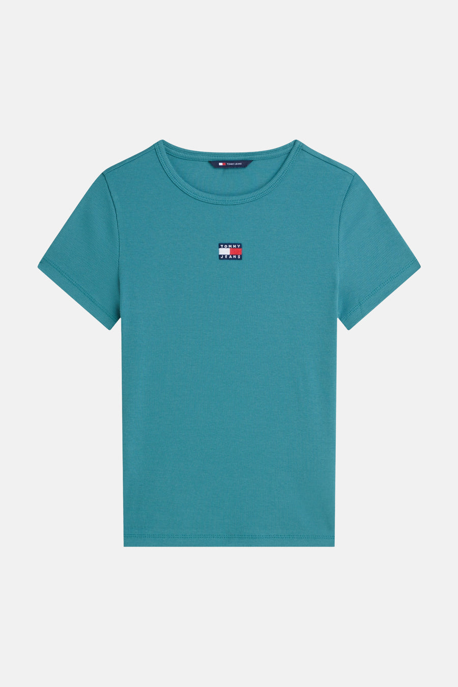 Effengebreide T-shirt met korte mouwen in effen groen van TOMMY JEANS, met een klein logo op de borst.